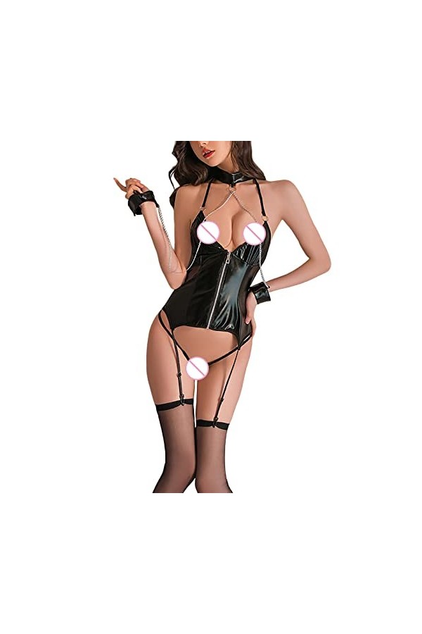 Sexy Boucle BO Pyjamas Jarretière Teddy Body avec anneau de jambe pour femme Combinaison Lingerie Menottes, Noir , taille uni