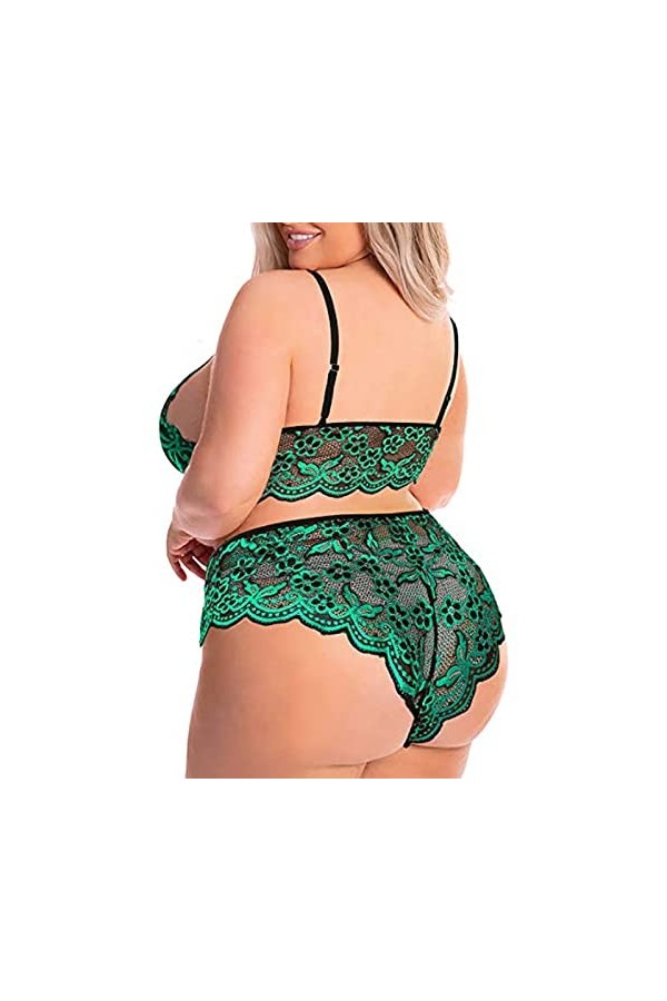 Ensemble de lingerie sexy en dentelle pour femme - Plus de taille - 2 pièces - Soutien-gorge et culotte - Transparent - Col e