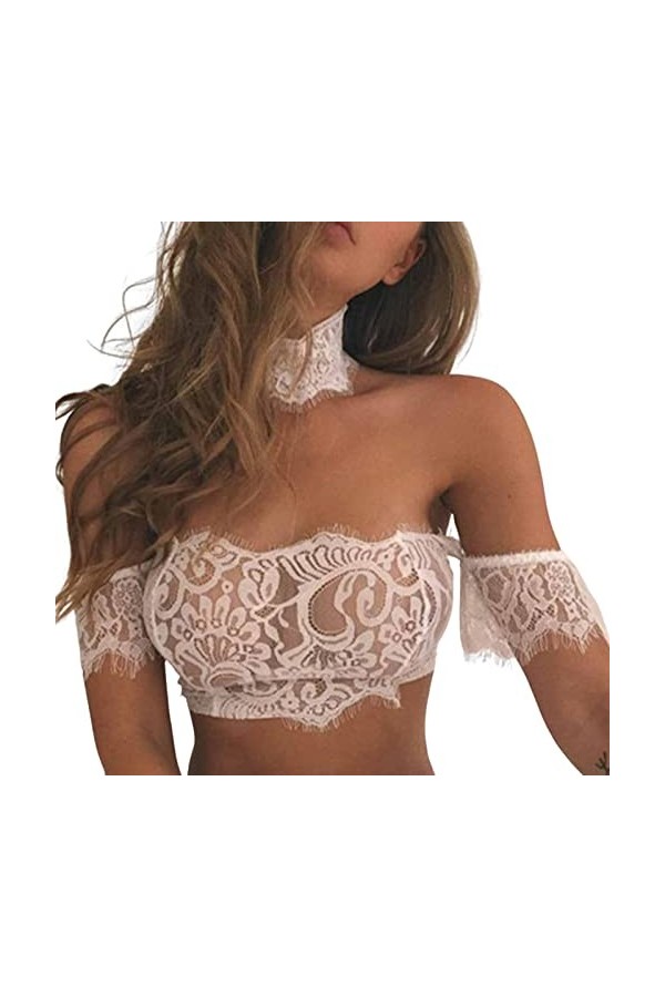 Lingerie sexy pour femme - Épaules dénudées - Cils et ombilicaux à manches courtes - Soutien-gorge en dentelle - Lingerie deu