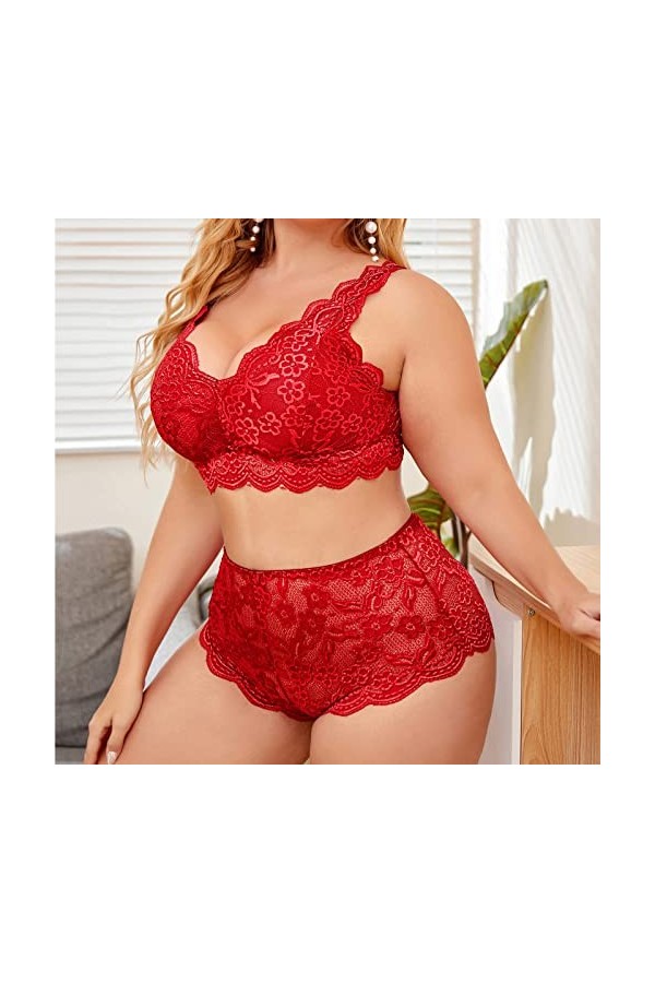 Ensemble de lingerie 2 pièces pour femme avec soutien-gorge et slip en dentelle, rouge, XL