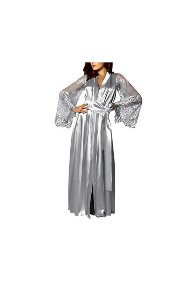 Luckywaqng Robe de nuit sexy en satin pour femme - Robe de nuit sexy - Dentelle en soie, gris, S