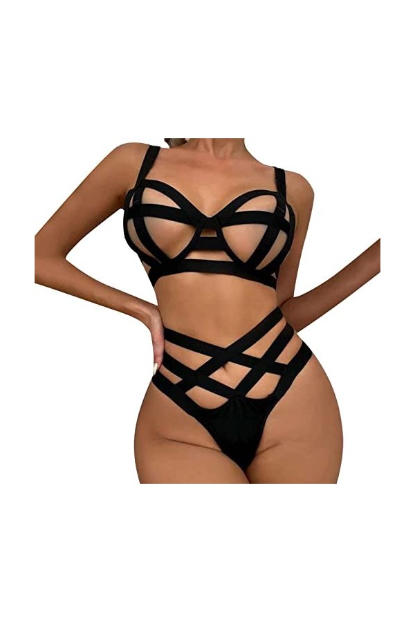 Jiabing Bretelles Sexy pour Femmes Briefs Lingerie sous-vêtements Sexy Lingerie Sexy Dentelle Homme Black, S 