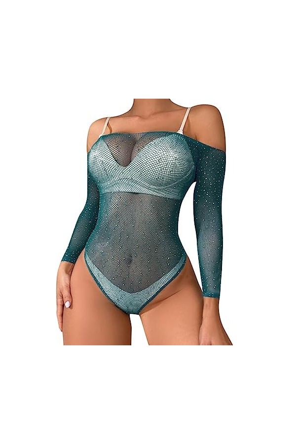 Lingerie solide pour femme en résille siamoise avec strass - Lingerie sexy en maille - Combinaison en soie pour femme, Vert, 