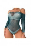 Lingerie solide pour femme en résille siamoise avec strass - Lingerie sexy en maille - Combinaison en soie pour femme, Vert, 