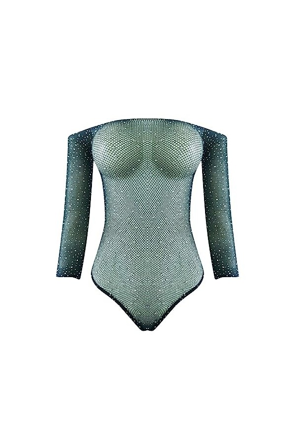 Lingerie solide pour femme en résille siamoise avec strass - Lingerie sexy en maille - Combinaison en soie pour femme, Vert, 