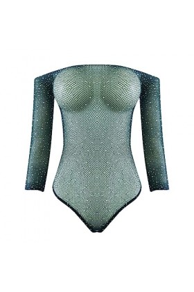 Lingerie solide pour femme en résille siamoise avec strass - Lingerie sexy en maille - Combinaison en soie pour femme, Vert, 