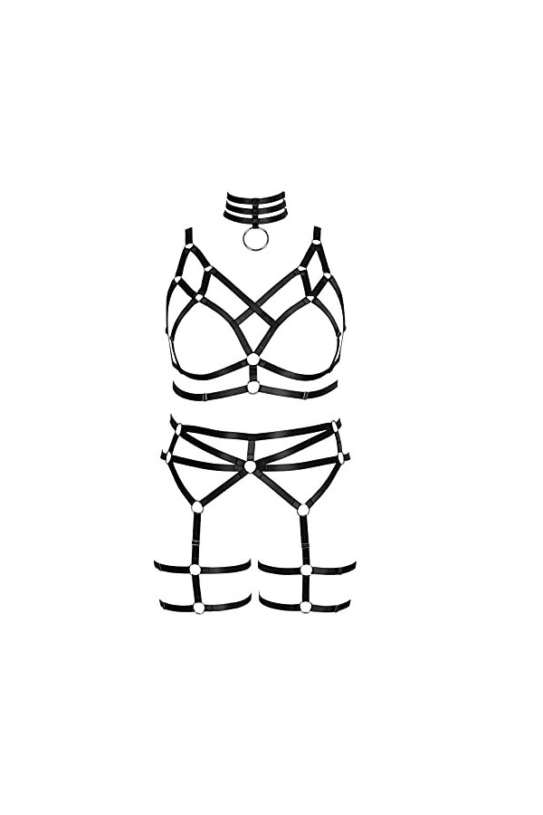 Harnais de corps pour femme grande taille avec bretelles ajourées et porte-jarretelles - Noir O1 + P7