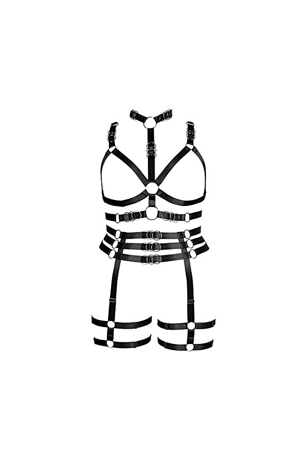 Harnais de corps pour femme grande taille avec bretelles ajourées et porte-jarretelles - Noir O1 + P7