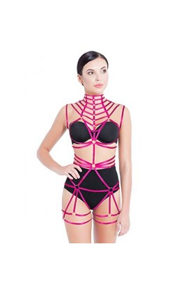 BANSSGOTH Ensemble de lingerie pour femme avec harnais de poitrine et ceinture de style punk, gothique, festival, rave - Roug