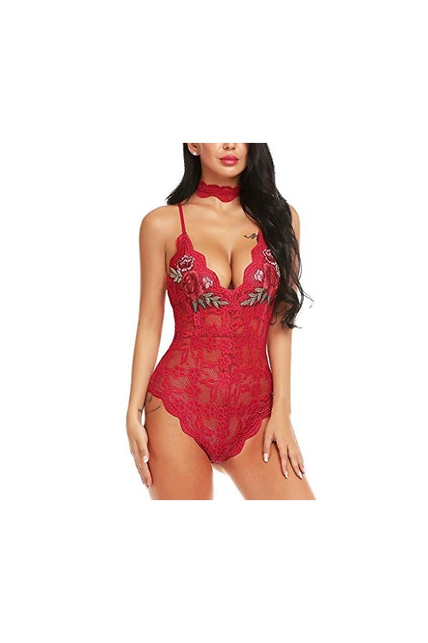 Broderie Sexy Jumpsuit Body Costume Femme Sous-vêtements avec col en V Lingerie Sexy Robe, rouge, XXXL
