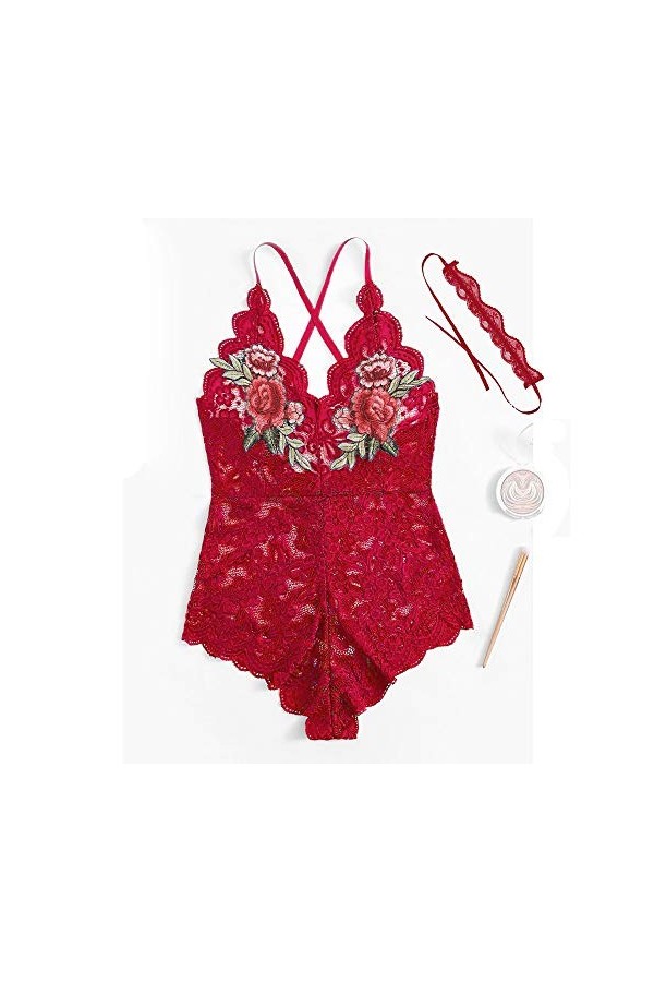 Broderie Sexy Jumpsuit Body Costume Femme Sous-vêtements avec col en V Lingerie Sexy Robe, rouge, XXXL