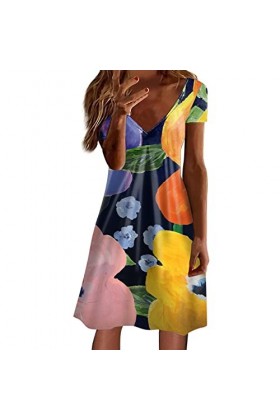 Vêtement Dentelle Femme Mesdames dété à Manches Courtes Fashion Dress V Neck Swing Flowy Robe Confortable Belle Robe de Bla