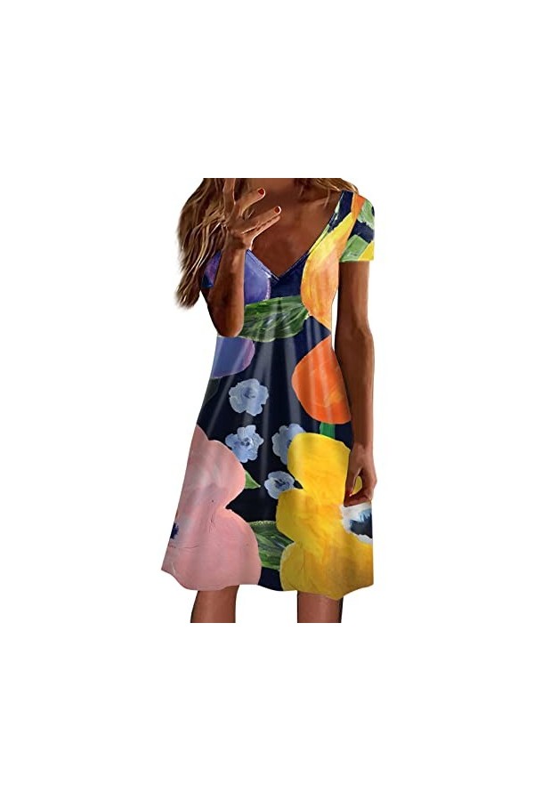 Vêtement Dentelle Femme Mesdames dété à Manches Courtes Fashion Dress V Neck Swing Flowy Robe Confortable Belle Robe de Bla