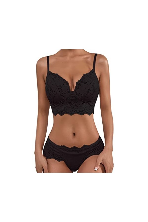 liaddkv Lingerie Femme Sexy Dentelle Crochet Décolleté Soutien-gorge Broderie et Culotte Taille Haute Push Up Ensemble Deux P