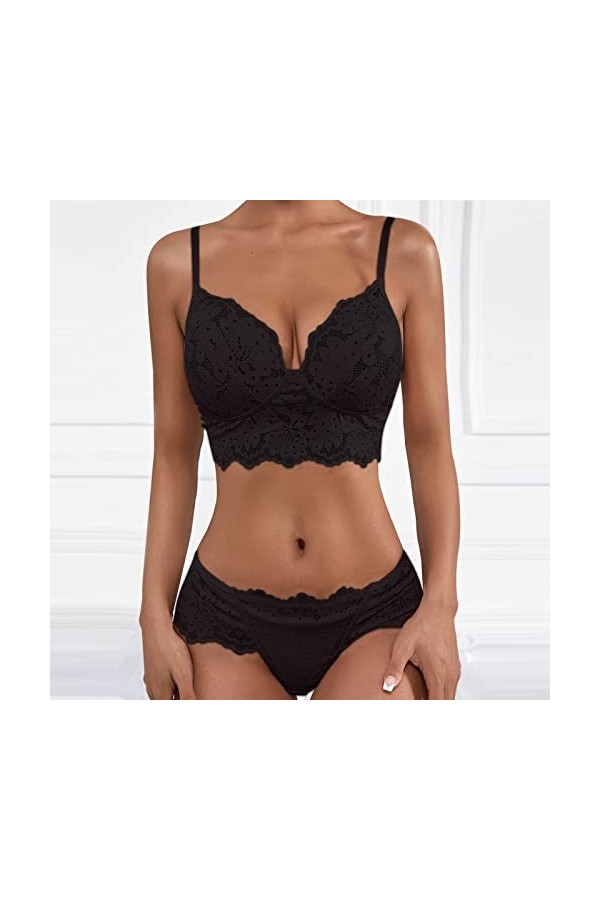 liaddkv Lingerie Femme Sexy Dentelle Crochet Décolleté Soutien-gorge Broderie et Culotte Taille Haute Push Up Ensemble Deux P