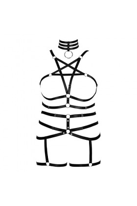 Harnais de corps punk pour femme - Soutien-gorge pentagramme - Grande taille - Lingerie ajourée - Jarretière - Ceinture de da