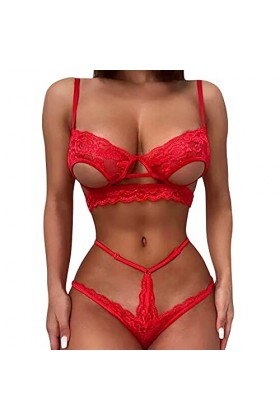 liaddkv Soutien-gorge sexy en deux pièces pour femme - Sexy - Trois points - String en dentelle - Sous-vêtements creux - Ling