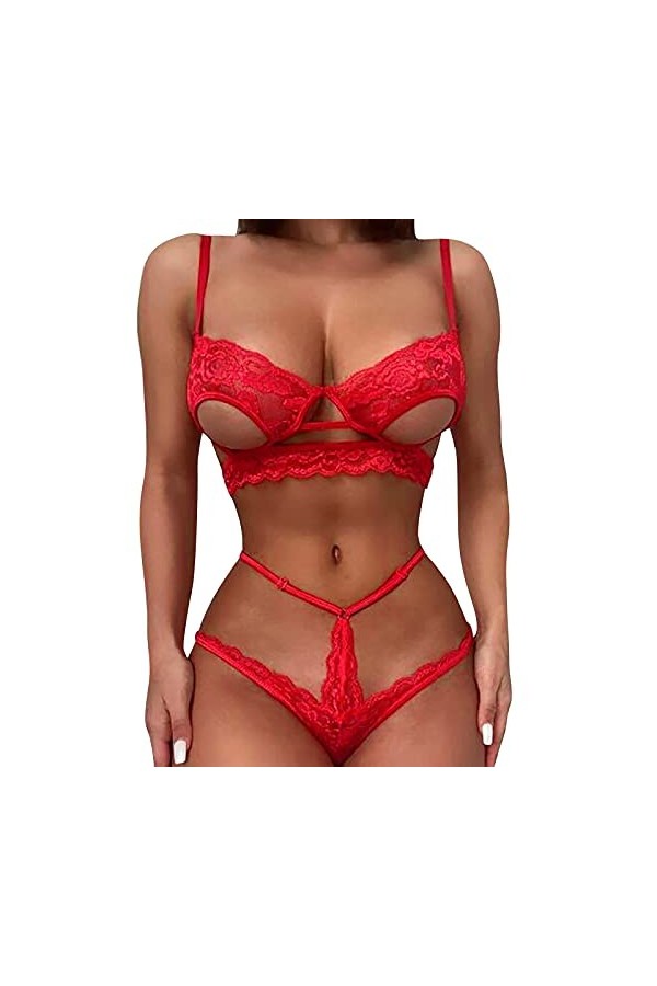 liaddkv Soutien-gorge sexy en deux pièces pour femme - Sexy - Trois points - String en dentelle - Sous-vêtements creux - Ling