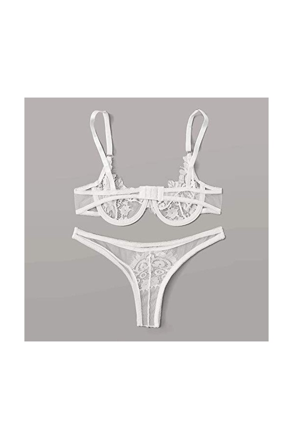 liaddkv Sous-vêtements sexy en dentelle à trois points avec anneau en acier, Blanc., L