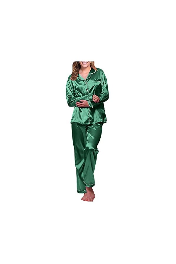 Ensemble de Pyjama Femme 2 Pièce Pyjama en Satiné de Soie avec Poches Manche Longue Classique Vetements de Nuit avec col en V