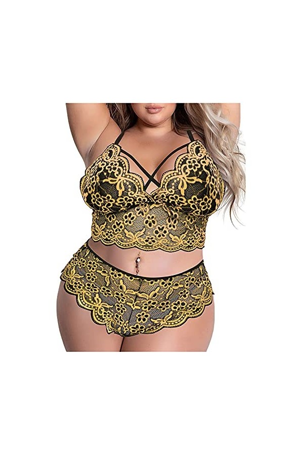 Ensemble de lingerie sexy en dentelle pour femme - Plus de taille - 2 pièces - Soutien-gorge et culotte - Nuisette transparen