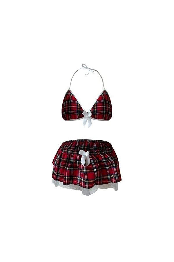 Lingerie décolière Sexy pour Femmes Costumes de Jeu de rôle Tenues Ensemble de Lingerie à Carreaux Lingerie Slip Red, XL 