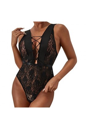 GilRu Lingerie Sexy Femme Sexy Lace Strap Backless Seductive Jumpsuit Femmes Tentation Lingerie Cuir Bandage Black, L 