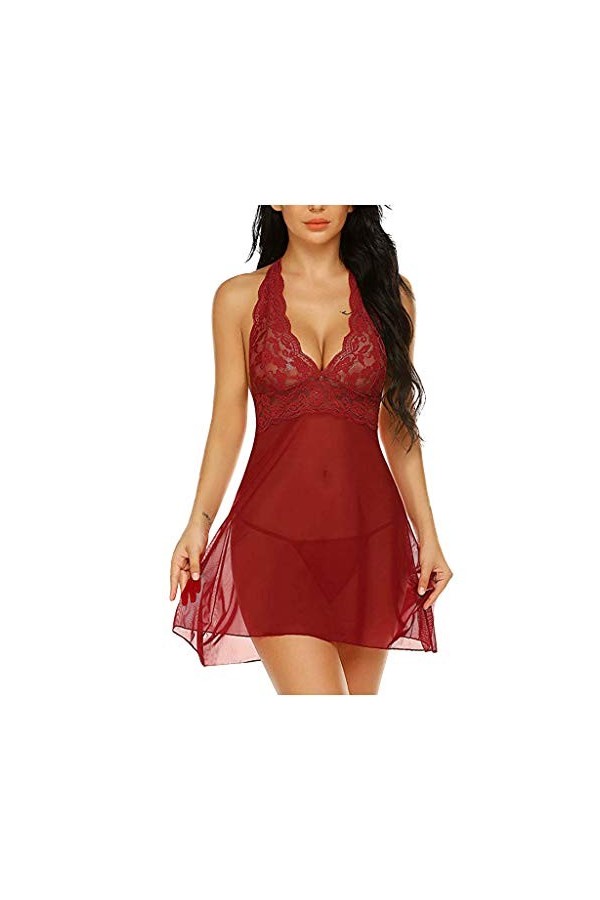 Ensemble de pyjama sexy en satin pour femme, bordeaux, XL