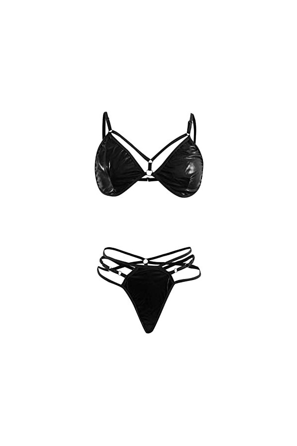 Lot de 2 lingerie sexy pour femme - En PU - Avec anneau noué, Noir , M