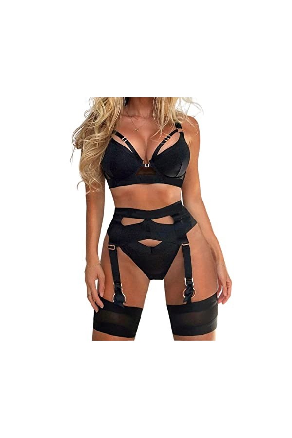 popiv Ensemble de lingerie sexy pour femme 4 pièces avec soutien-gorge et culotte avec porte-jarretelles ensemble de lingerie