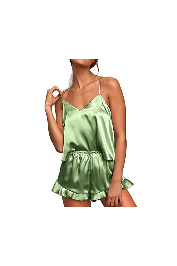 IKFIVQD Lingerie sexy en dentelle pour femmes, sous-vêtements sexy en satin de soie à volants ensembles de pyjamas shorts ens