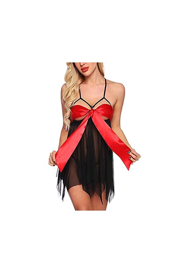 Lingerie De Noël pour Femme, Womens Underwear Set Sexy Mesh Set de Deux Pièces Top à Manches Longues et Jupe Moulante Linger