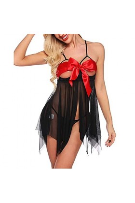 Lingerie De Noël pour Femme, Womens Underwear Set Sexy Mesh Set de Deux Pièces Top à Manches Longues et Jupe Moulante Linger