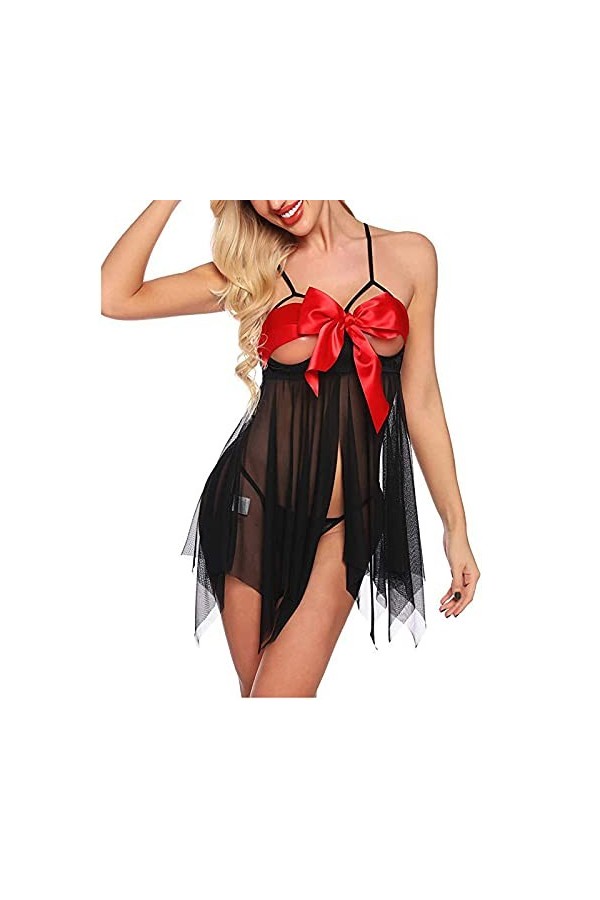 Lingerie De Noël pour Femme, Womens Underwear Set Sexy Mesh Set de Deux Pièces Top à Manches Longues et Jupe Moulante Linger