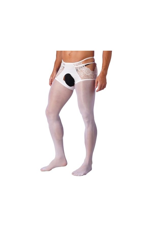 Yeahdor Homme Pantalon Ouvert Entrejambe Sexy Collant à Pied Legging Bodystocking Bas Pantyhose Extensible Sous-vêtement En D