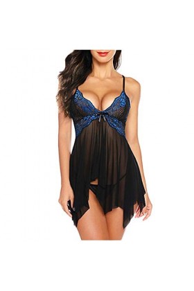 liaddkv Sous-vêtement de cou pour enfant et femme - Dentelle florale en V - Sexy - Lingerie de Noël, bleu, S