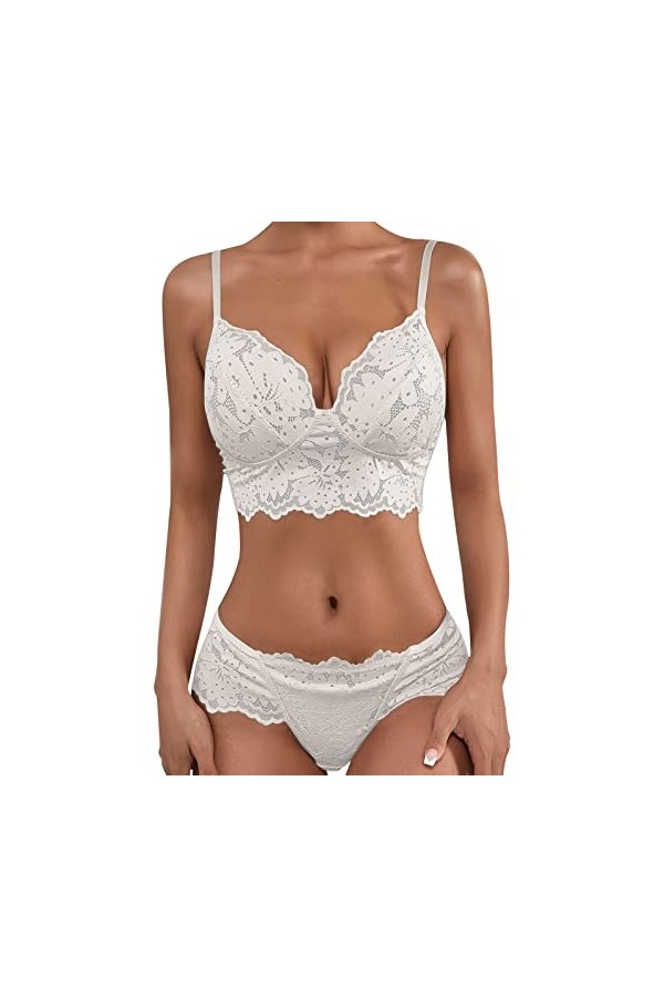 liaddkv Lingerie Femme Sexy Dentelle Crochet Décolleté Soutien-gorge Broderie et Culotte Taille Haute Push Up Ensemble Deux P