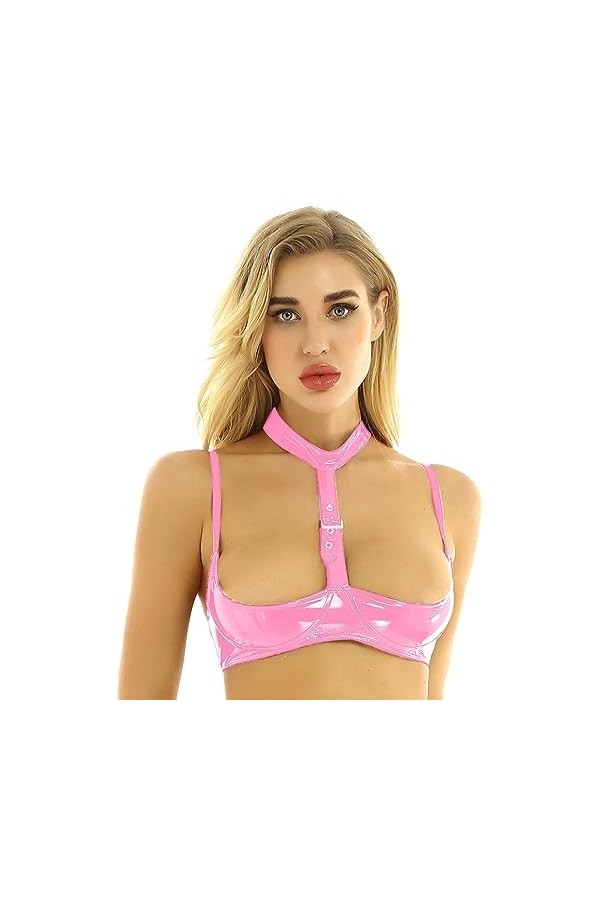 Yeahdor Femme Soutien-Gorge Cuir Verni Brassière Harnais Bandage Bra Push Up sous-vêtement Ouverte Poitrine Érotique Lingerie