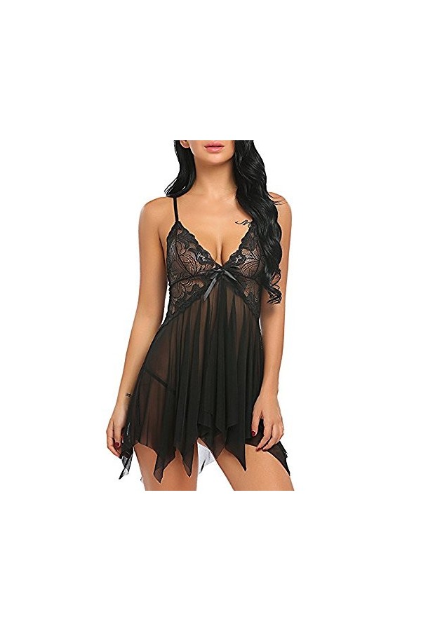 BIISDOST Dentelle Lingerie Cou Femmes Fleurs Strap Sleepwear Lingerie V Chemise Protège Lingerie Black, XXXL 