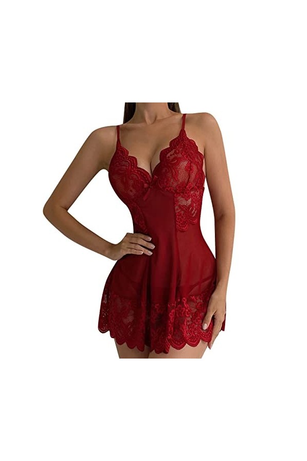 IQYU Ensemble de cache-cou en dentelle avec string pour femme Rouge Lingerie sexy, rouge, XL