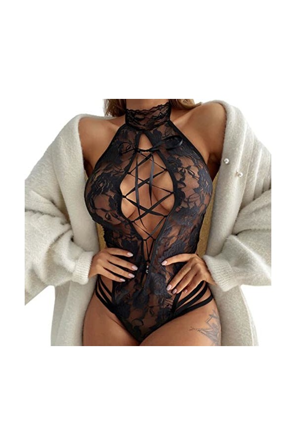 LDadgf Lingerie sexy en dentelle blanche avec anneau en acier, Noir , XXXL