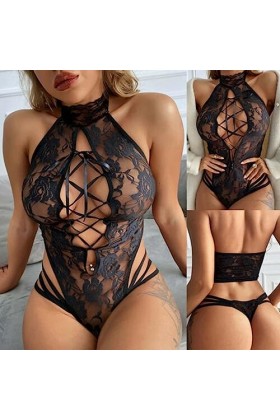 LDadgf Lingerie sexy en dentelle blanche avec anneau en acier, Noir , XXXL