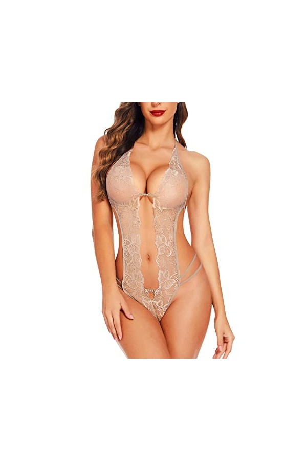Femmes 1 Pièce Lingerie Sexy Dentelle Body Deep V Teddy Nuisettes S ~ XXL Sexy Dentelle Blanc Khaki, M 