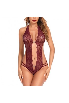 Femmes 1 Pièce Lingerie Sexy Dentelle Body Deep V Teddy Nuisettes S ~ XXL Sexy Dentelle Blanc Wine, L 