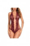 Femmes 1 Pièce Lingerie Sexy Dentelle Body Deep V Teddy Nuisettes S ~ XXL Sexy Dentelle Blanc Wine, L 