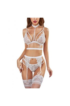 Ensemble de lingerie en dentelle de couleur unie avec soutien-gorge ras du cou amovible à bretelles et culotte sans bas - Lin