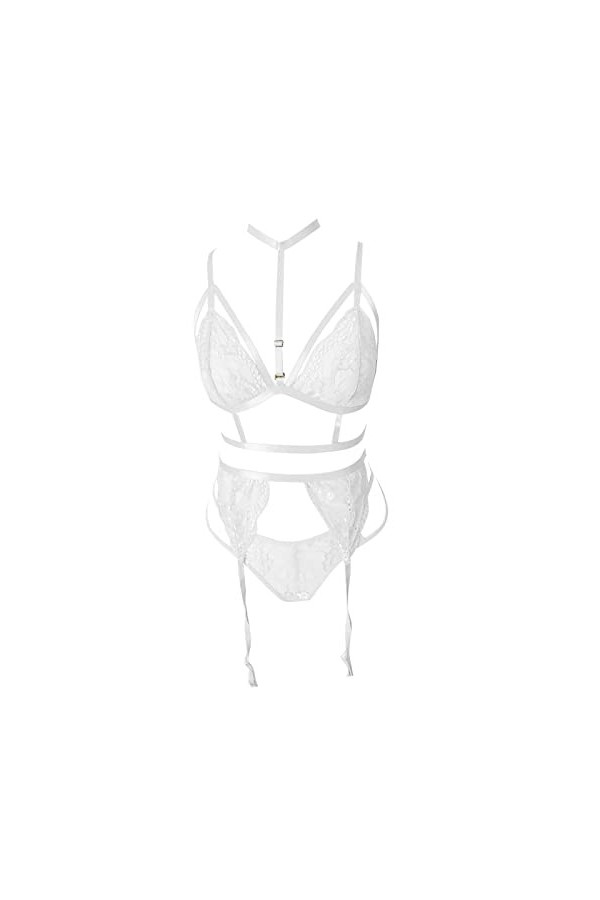 Ensemble de lingerie en dentelle de couleur unie avec soutien-gorge ras du cou amovible à bretelles et culotte sans bas - Lin