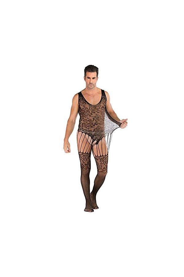 Body en Maille Fleurie en Dentelle pour Hommes sous-vêtements Sexy Cross Sissy Justaucorps Résille See Through Mesh Wrestling