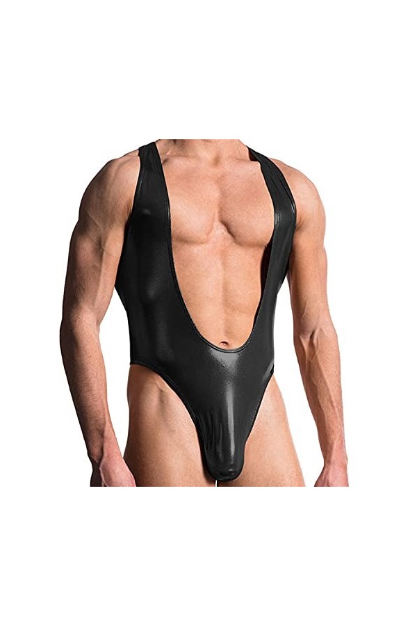 Body Mankini en Similicuir pour Homme Gilet de sous-vêtement Une pièce à Poitrine Ouverte V Sling Stretch Sexy String String 