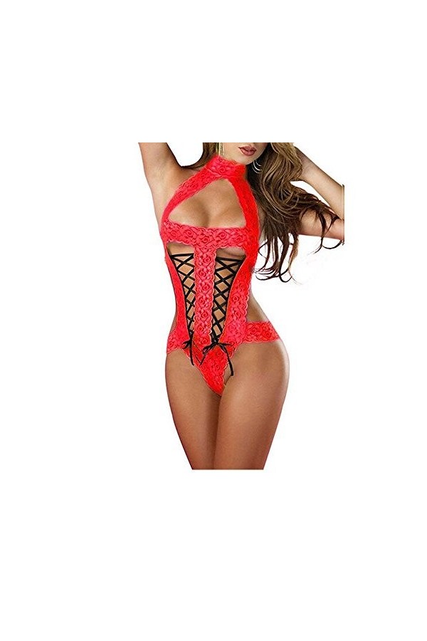 Trydoit Femmes Dentelle Bowknot Temptation Underwear Combinaison éVider Lingerie Rouge 